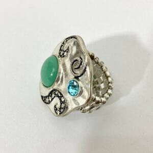 DONATING! LAST CHANCE! Silver tone faux turquoise ring stretch metal/rhinestones